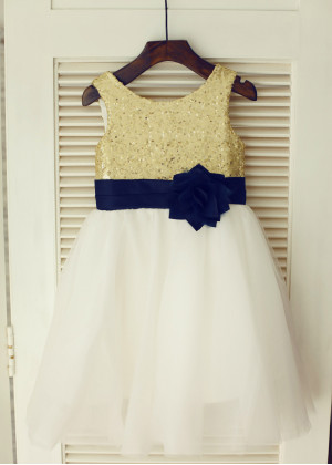 Gold Sequin Ivory Tulle Knee Length Country Flower Girl Dress